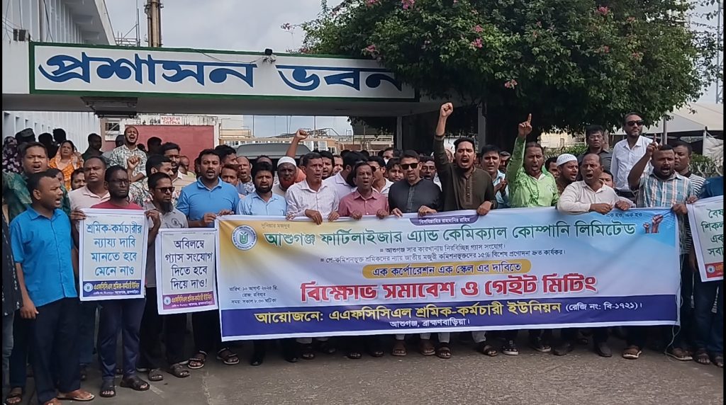 দুই দফা দাবিতে আশুগঞ্জ সারকারখানায় শ্রমিক-কর্মচারীদের বিক্ষোভ