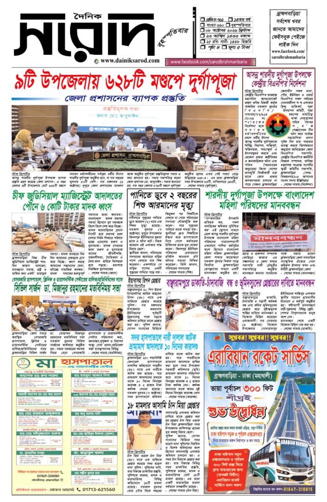 দৈনিক সরোদ, ৮ অক্টোবর ২০২৬ইং